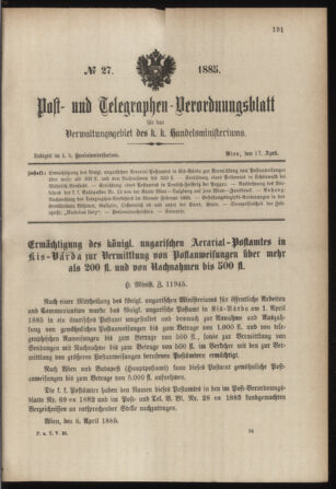 Post- und Telegraphen-Verordnungsblatt für das Verwaltungsgebiet des K.-K. Handelsministeriums 18850417 Seite: 1