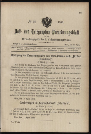 Post- und Telegraphen-Verordnungsblatt für das Verwaltungsgebiet des K.-K. Handelsministeriums 18850422 Seite: 1