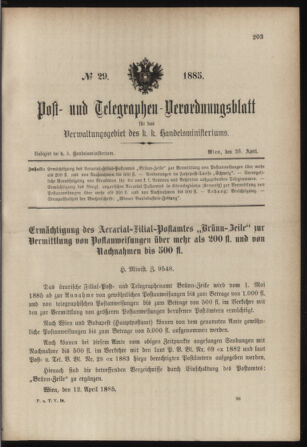 Post- und Telegraphen-Verordnungsblatt für das Verwaltungsgebiet des K.-K. Handelsministeriums 18850425 Seite: 1