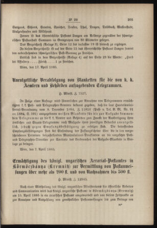 Post- und Telegraphen-Verordnungsblatt für das Verwaltungsgebiet des K.-K. Handelsministeriums 18850425 Seite: 3