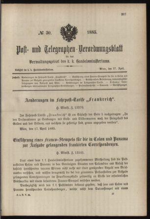 Post- und Telegraphen-Verordnungsblatt für das Verwaltungsgebiet des K.-K. Handelsministeriums 18850427 Seite: 1