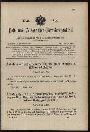 Post- und Telegraphen-Verordnungsblatt für das Verwaltungsgebiet des K.-K. Handelsministeriums 18850429 Seite: 1