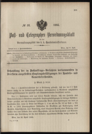 Post- und Telegraphen-Verordnungsblatt für das Verwaltungsgebiet des K.-K. Handelsministeriums 18850430 Seite: 1