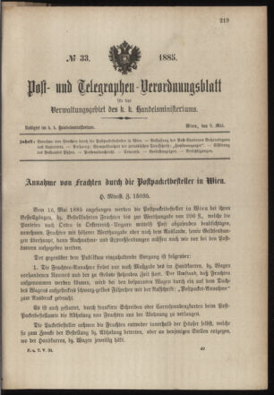 Post- und Telegraphen-Verordnungsblatt für das Verwaltungsgebiet des K.-K. Handelsministeriums 18850509 Seite: 1