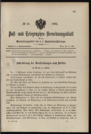 Post- und Telegraphen-Verordnungsblatt für das Verwaltungsgebiet des K.-K. Handelsministeriums 18850511 Seite: 1