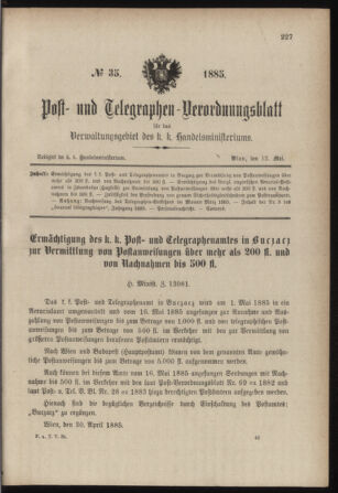 Post- und Telegraphen-Verordnungsblatt für das Verwaltungsgebiet des K.-K. Handelsministeriums 18850512 Seite: 1