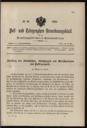 Post- und Telegraphen-Verordnungsblatt für das Verwaltungsgebiet des K.-K. Handelsministeriums 18850515 Seite: 1