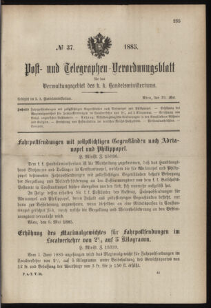 Post- und Telegraphen-Verordnungsblatt für das Verwaltungsgebiet des K.-K. Handelsministeriums 18850520 Seite: 1