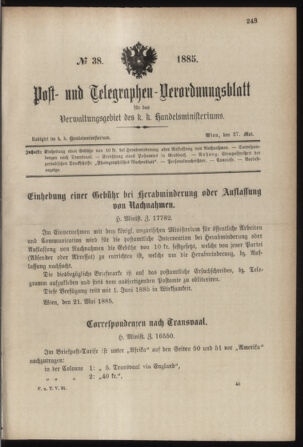 Post- und Telegraphen-Verordnungsblatt für das Verwaltungsgebiet des K.-K. Handelsministeriums 18850527 Seite: 1