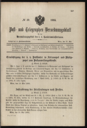 Post- und Telegraphen-Verordnungsblatt für das Verwaltungsgebiet des K.-K. Handelsministeriums 18850528 Seite: 1