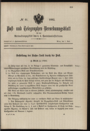 Post- und Telegraphen-Verordnungsblatt für das Verwaltungsgebiet des K.-K. Handelsministeriums 18850601 Seite: 1