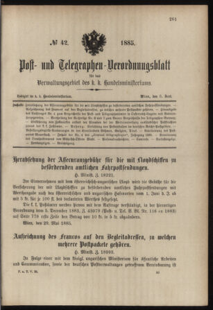 Post- und Telegraphen-Verordnungsblatt für das Verwaltungsgebiet des K.-K. Handelsministeriums 18850608 Seite: 1