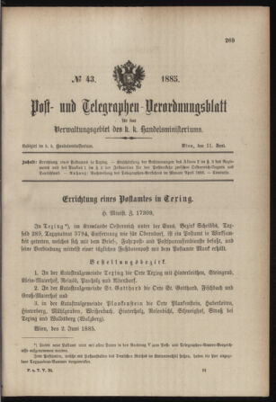 Post- und Telegraphen-Verordnungsblatt für das Verwaltungsgebiet des K.-K. Handelsministeriums 18850611 Seite: 1