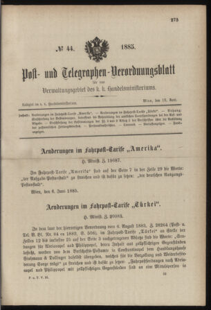 Post- und Telegraphen-Verordnungsblatt für das Verwaltungsgebiet des K.-K. Handelsministeriums 18850615 Seite: 1