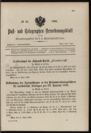 Post- und Telegraphen-Verordnungsblatt für das Verwaltungsgebiet des K.-K. Handelsministeriums 18850617 Seite: 1