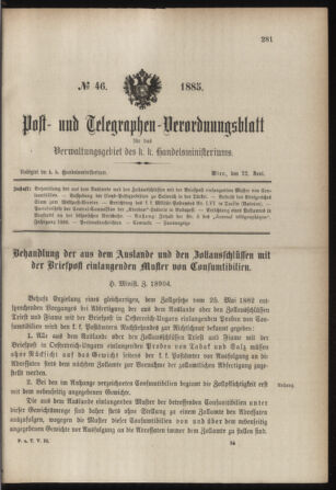 Post- und Telegraphen-Verordnungsblatt für das Verwaltungsgebiet des K.-K. Handelsministeriums 18850622 Seite: 1