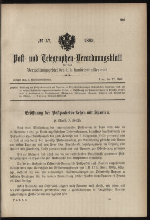 Post- und Telegraphen-Verordnungsblatt für das Verwaltungsgebiet des K.-K. Handelsministeriums 18850627 Seite: 1