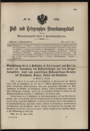 Post- und Telegraphen-Verordnungsblatt für das Verwaltungsgebiet des K.-K. Handelsministeriums 18850630 Seite: 1