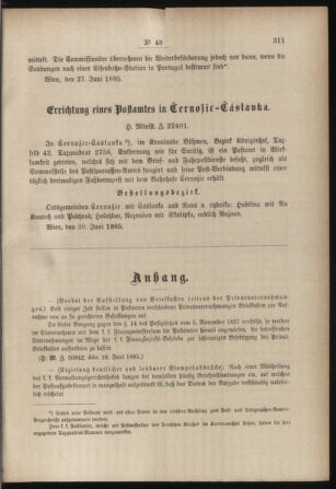 Post- und Telegraphen-Verordnungsblatt für das Verwaltungsgebiet des K.-K. Handelsministeriums 18850702 Seite: 7