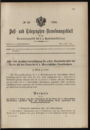 Post- und Telegraphen-Verordnungsblatt für das Verwaltungsgebiet des K.-K. Handelsministeriums 18850706 Seite: 1