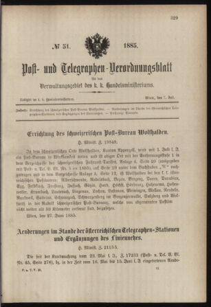 Post- und Telegraphen-Verordnungsblatt für das Verwaltungsgebiet des K.-K. Handelsministeriums 18850707 Seite: 1