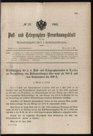 Post- und Telegraphen-Verordnungsblatt für das Verwaltungsgebiet des K.-K. Handelsministeriums 18850708 Seite: 1