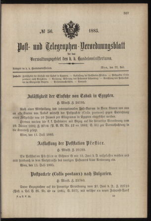 Post- und Telegraphen-Verordnungsblatt für das Verwaltungsgebiet des K.-K. Handelsministeriums 18850722 Seite: 1