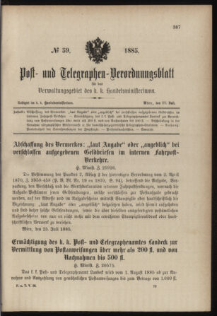 Post- und Telegraphen-Verordnungsblatt für das Verwaltungsgebiet des K.-K. Handelsministeriums 18850729 Seite: 1