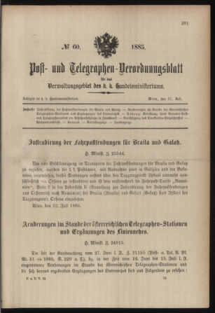 Post- und Telegraphen-Verordnungsblatt für das Verwaltungsgebiet des K.-K. Handelsministeriums 18850731 Seite: 1