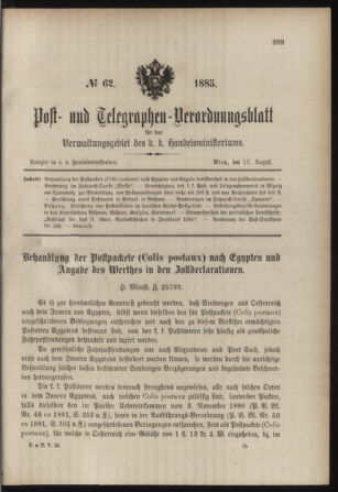 Post- und Telegraphen-Verordnungsblatt für das Verwaltungsgebiet des K.-K. Handelsministeriums 18850810 Seite: 1