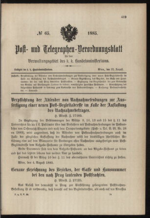 Post- und Telegraphen-Verordnungsblatt für das Verwaltungsgebiet des K.-K. Handelsministeriums 18850822 Seite: 1