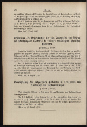 Post- und Telegraphen-Verordnungsblatt für das Verwaltungsgebiet des K.-K. Handelsministeriums 18850822 Seite: 2