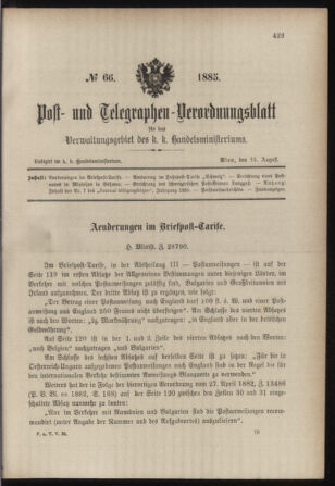 Post- und Telegraphen-Verordnungsblatt für das Verwaltungsgebiet des K.-K. Handelsministeriums 18850824 Seite: 1