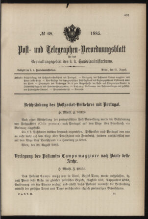 Post- und Telegraphen-Verordnungsblatt für das Verwaltungsgebiet des K.-K. Handelsministeriums 18850831 Seite: 1