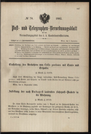 Post- und Telegraphen-Verordnungsblatt für das Verwaltungsgebiet des K.-K. Handelsministeriums 18850909 Seite: 1