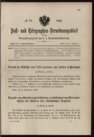 Post- und Telegraphen-Verordnungsblatt für das Verwaltungsgebiet des K.-K. Handelsministeriums 18850915 Seite: 1