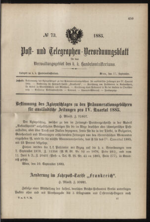 Post- und Telegraphen-Verordnungsblatt für das Verwaltungsgebiet des K.-K. Handelsministeriums 18850917 Seite: 1