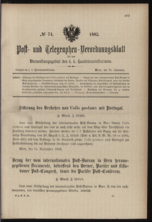 Post- und Telegraphen-Verordnungsblatt für das Verwaltungsgebiet des K.-K. Handelsministeriums 18850924 Seite: 1