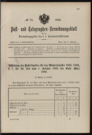 Post- und Telegraphen-Verordnungsblatt für das Verwaltungsgebiet des K.-K. Handelsministeriums 18850930 Seite: 1