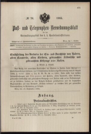 Post- und Telegraphen-Verordnungsblatt für das Verwaltungsgebiet des K.-K. Handelsministeriums 18851001 Seite: 1