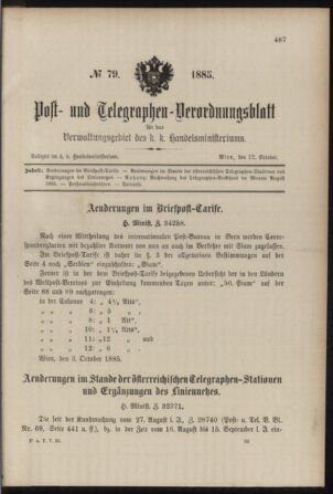 Post- und Telegraphen-Verordnungsblatt für das Verwaltungsgebiet des K.-K. Handelsministeriums 18851012 Seite: 1