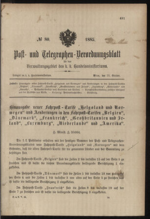 Post- und Telegraphen-Verordnungsblatt für das Verwaltungsgebiet des K.-K. Handelsministeriums 18851018 Seite: 1