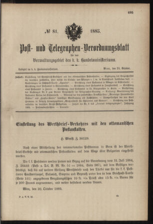 Post- und Telegraphen-Verordnungsblatt für das Verwaltungsgebiet des K.-K. Handelsministeriums 18851024 Seite: 1