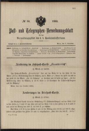 Post- und Telegraphen-Verordnungsblatt für das Verwaltungsgebiet des K.-K. Handelsministeriums 18851103 Seite: 1