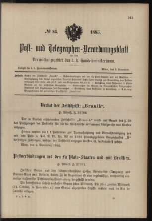 Post- und Telegraphen-Verordnungsblatt für das Verwaltungsgebiet des K.-K. Handelsministeriums 18851105 Seite: 1