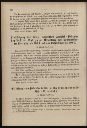 Post- und Telegraphen-Verordnungsblatt für das Verwaltungsgebiet des K.-K. Handelsministeriums 18851105 Seite: 2