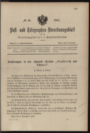 Post- und Telegraphen-Verordnungsblatt für das Verwaltungsgebiet des K.-K. Handelsministeriums 18851112 Seite: 1