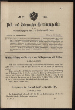 Post- und Telegraphen-Verordnungsblatt für das Verwaltungsgebiet des K.-K. Handelsministeriums 18851118 Seite: 1