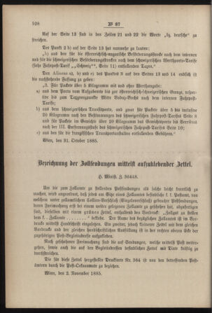 Post- und Telegraphen-Verordnungsblatt für das Verwaltungsgebiet des K.-K. Handelsministeriums 18851118 Seite: 2