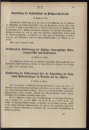 Post- und Telegraphen-Verordnungsblatt für das Verwaltungsgebiet des K.-K. Handelsministeriums 18851118 Seite: 3